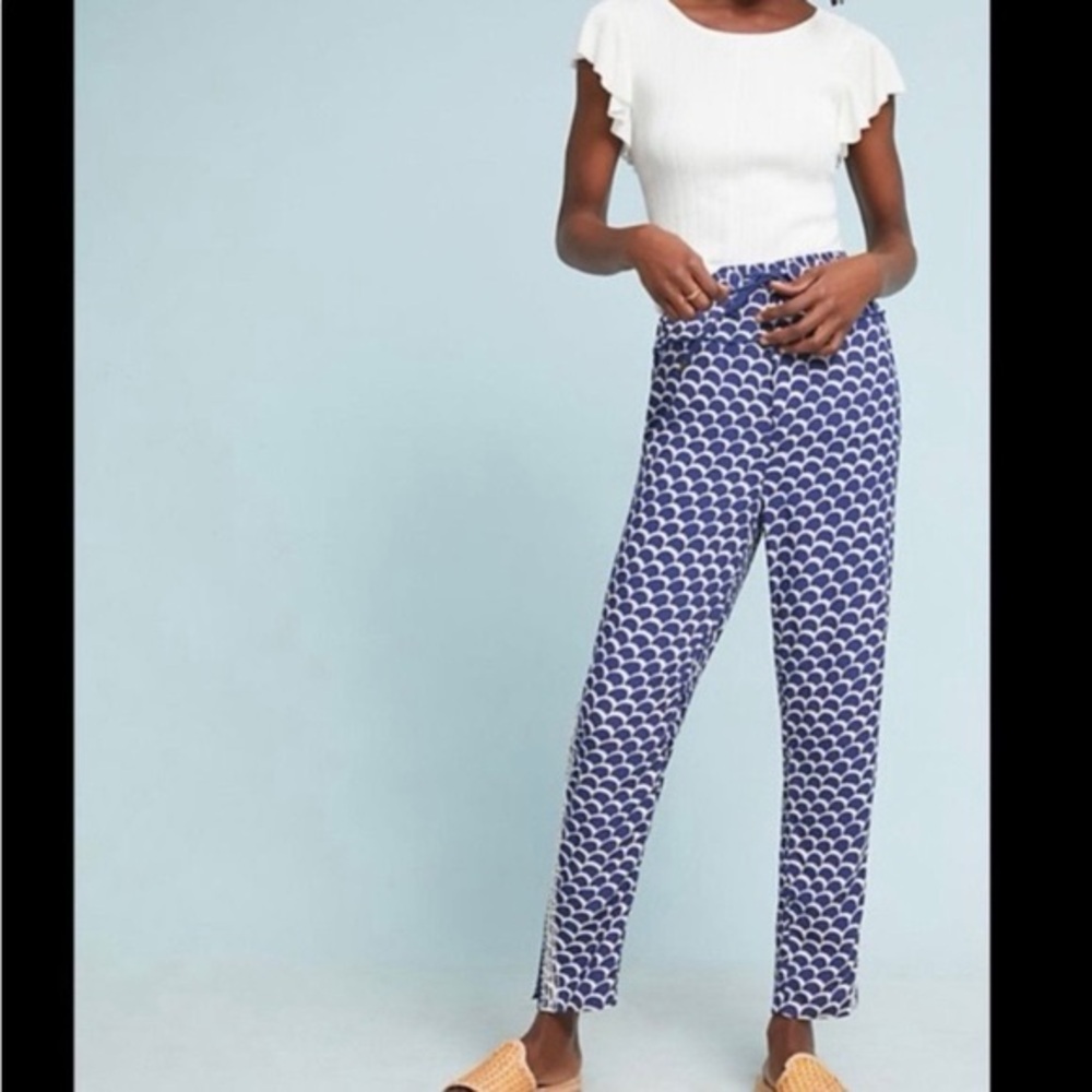 Anthropologie Casual Blue and White Scale Pattern Lightweight Beaded Stripe Pant